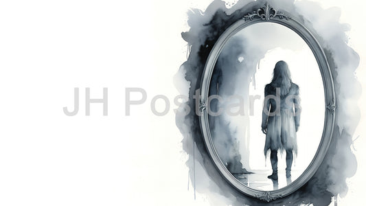 AI Image - Haunting Reflection: A haunting watercolor illustration of a man reflected in a mirror, surrounded by a dark and ominous atmosphere. Halloween. Drawing. Art. Illustration. Copy Space. 3