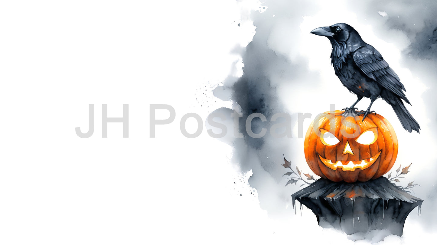 AI Image - Halloween Raven and Pumpkin: A chilling watercolor painting of a raven perched on a jack o' lantern. Drawing. Art. Illustration. Copy Space. 2