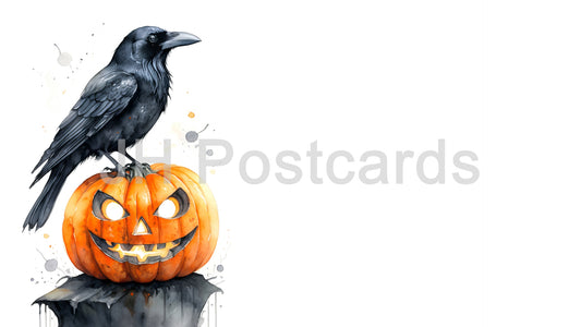 AI Image - Halloween Raven and Pumpkin: A chilling watercolor painting of a raven perched on a jack o' lantern. Drawing. Art. Illustration. Copy Space. 1