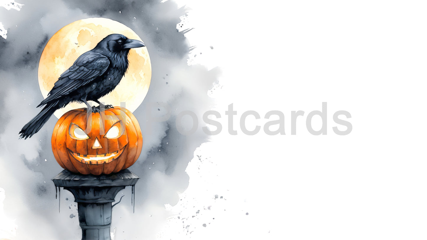 AI Image - Halloween Raven and Pumpkin: A chilling watercolor painting of a raven perched on a jack o' lantern. Drawing. Art. Illustration. Copy Space. 3