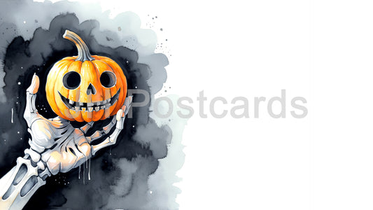 AI Image - Skeleton's Halloween Treat: A chilling watercolor painting of a skeleton hand holding a jack o' lantern. Drawing. Art. Illustration. Copy Space.