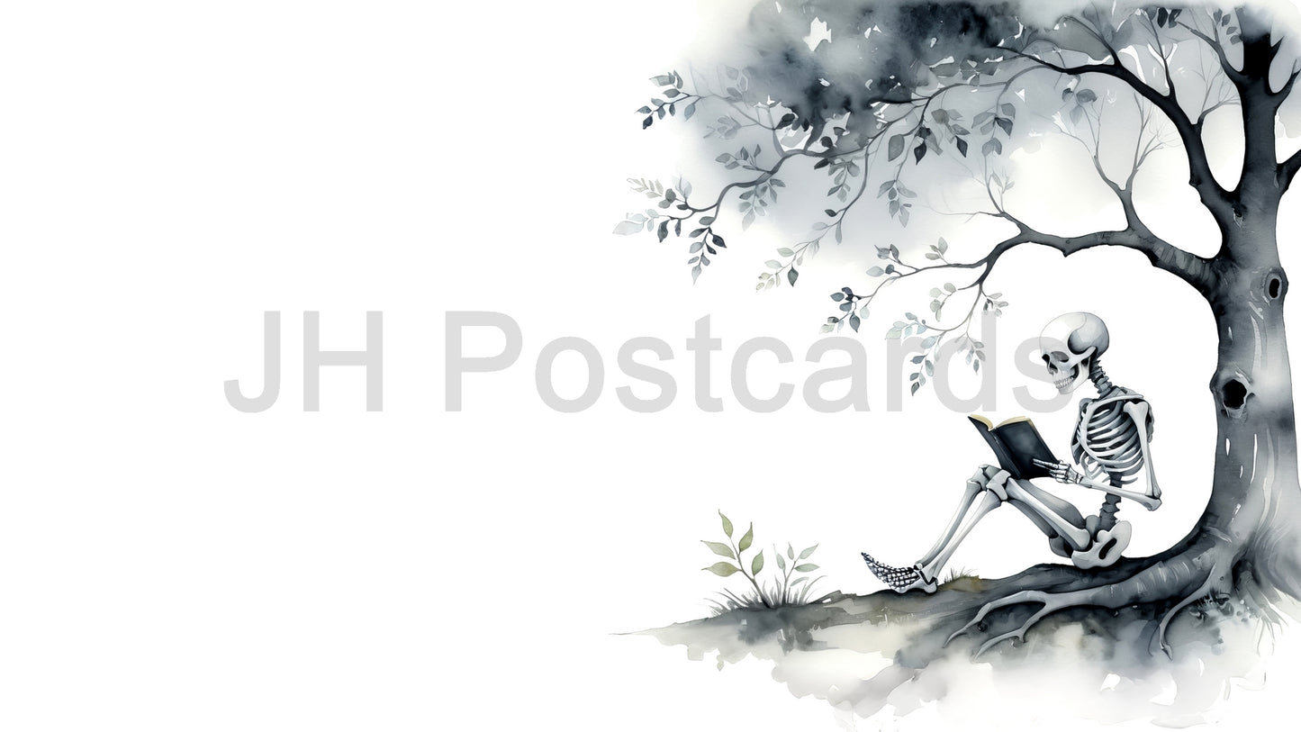 AI Image - Skeleton Reader: A chilling watercolor painting of a skeleton reading a book under a tree. Halloween. Drawing. Art. Illustration. Copy Space. 1