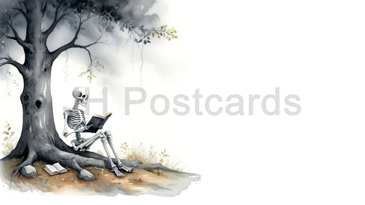 Image AI - Skeleton Reader : Une aquarelle effrayante d'un squelette lisant un livre sous un arbre. Halloween. Dessin. Art. Illustration. Espace de copie. 2