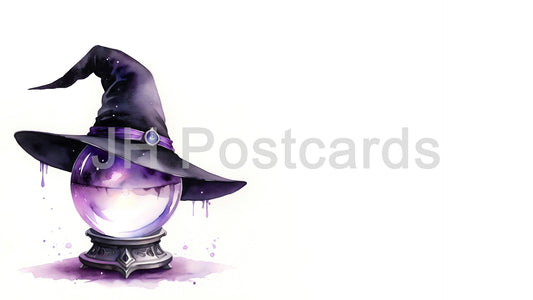 AI Image - Enchanted Crystal Ball: A captivating watercolor painting of a witch's hat with a magical crystal ball. Halloween. Drawing. Art. Illustration. Copy Space. 2