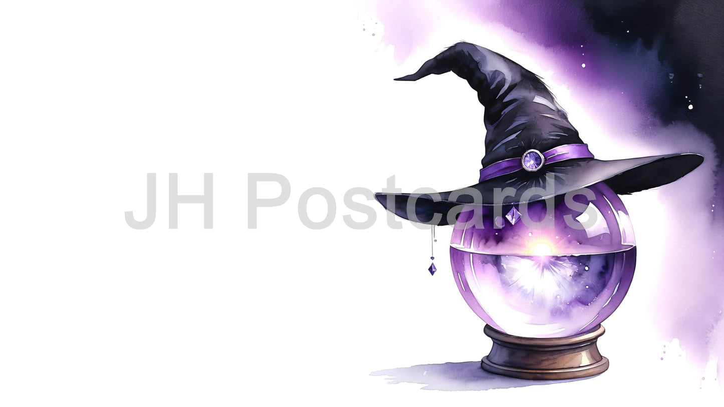 AI Image - Enchanted Crystal Ball: A captivating watercolor painting of a witch's hat with a magical crystal ball. Halloween. Drawing. Art. Illustration. Copy Space. 1