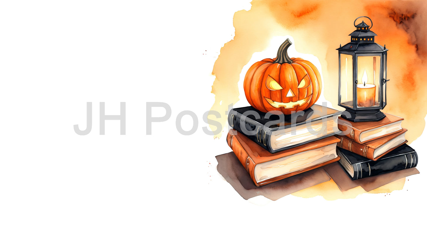 AI Image - Halloween Bookworm: A chilling watercolor painting of a jack o' lantern perched on a stack of books, illuminated by a flickering lantern. Halloween. Drawing. Art. Illustration. Copy Space. 1