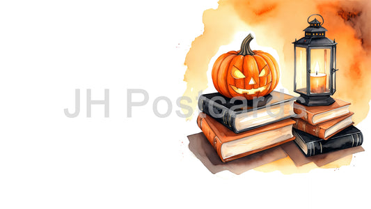 Image AI - Halloween Bookworm : Une aquarelle effrayante représentant une lanterne citrouille perchée sur une pile de livres, illuminée par une lanterne vacillante. Halloween. Dessin. Art. Illustration. Espace de copie. 1