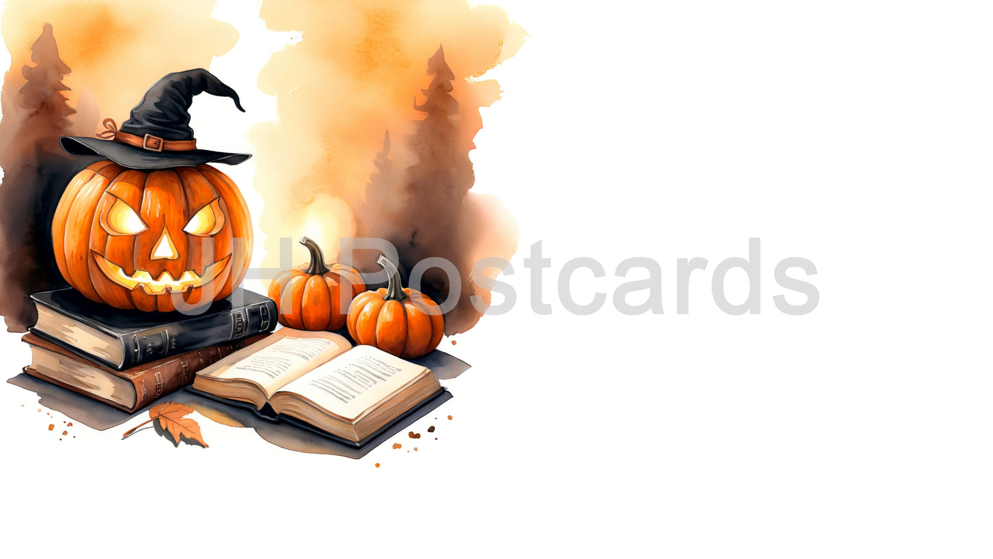 AI Image - Halloween Bookworm: A chilling watercolor painting of a jack o' lantern perched on a stack of books, illuminated by a flickering lantern. Halloween. Drawing. Art. Illustration. Copy Space. 2