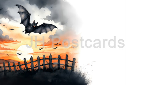 Image AI - Vol de chauve-souris d'Halloween : une aquarelle effrayante d'une chauve-souris volant devant un coucher de soleil spectaculaire. Dessin. Art. Illustration. Espace de copie. 2