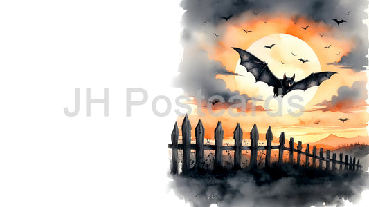 Image AI - Vol de chauve-souris d'Halloween : une aquarelle effrayante d'une chauve-souris volant devant un coucher de soleil spectaculaire. Dessin. Art. Illustration. Espace de copie. 1