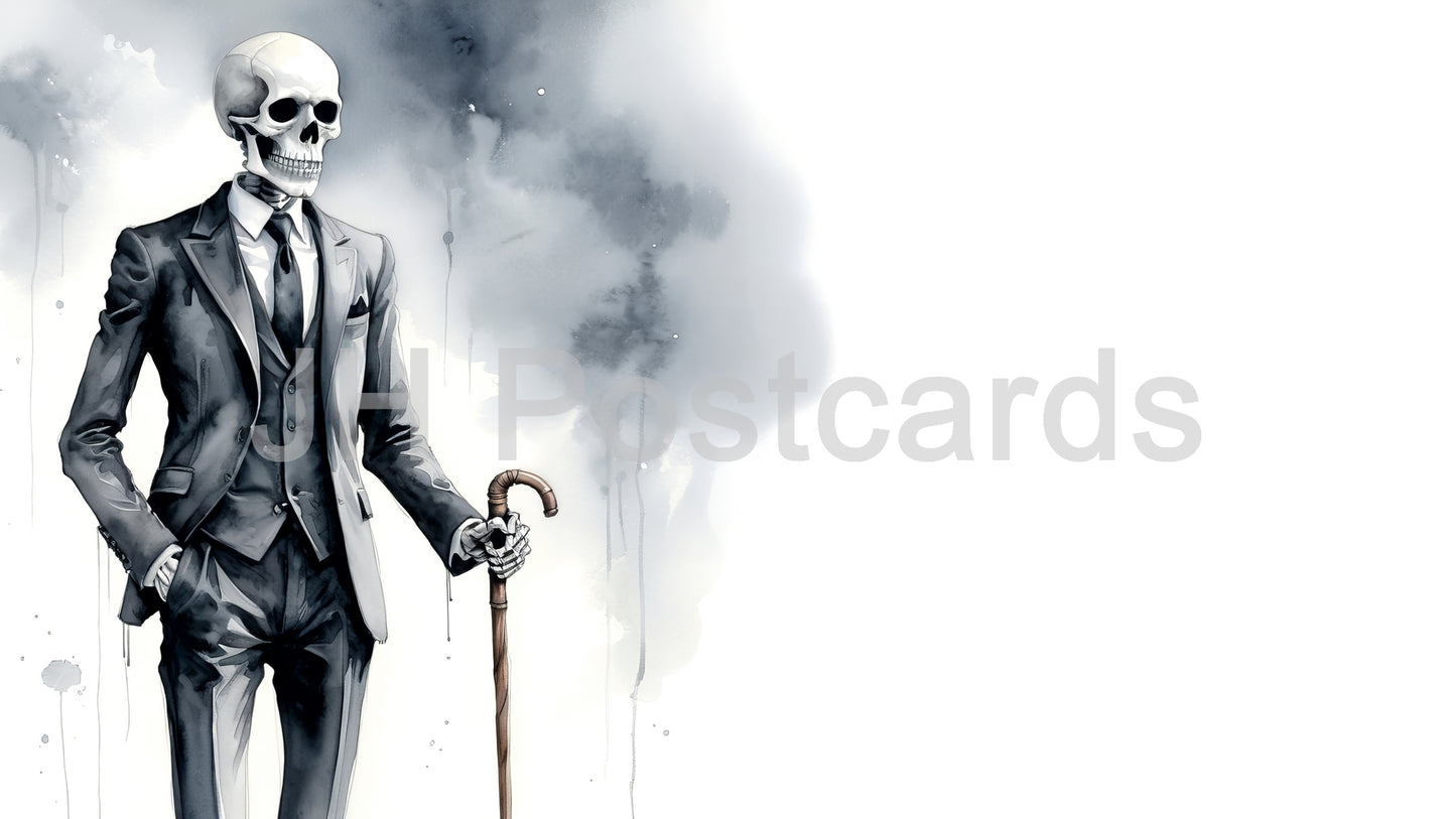 AI Image - Grim Reaper in a Suit: A chilling watercolor painting of a skeleton dressed in a suit, symbolizing the inevitability of death. Halloween. Drawing. Art. Illustration. Copy Space. 2