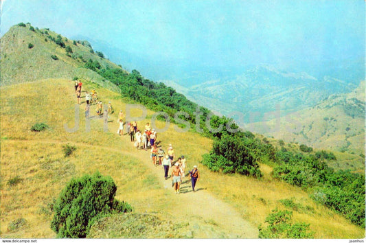 Koktebel - Planerskoye - tourists hiking in Karadag - Crimea - 1980 - Ukraine USSR - unused - JH Postcards