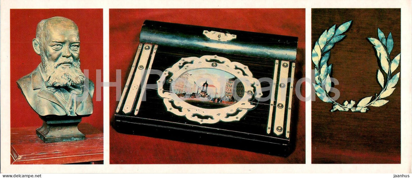 Russian playwright Ostrovsky museum - bust - travel secretary box - silver crown - 1985 - Russia USSR - unused - JH Postcards