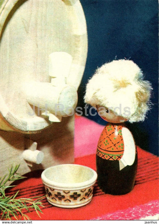 New Year Greeting card - 2 - boy in Estonian folk costume - doll - cup - 1977 - Estonia USSR - used - JH Postcards