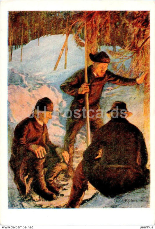 painting by Pekka Halonen - Raftsmen by the fire - Finnish art - 1954 - Russia USSR - unused - JH Postcards