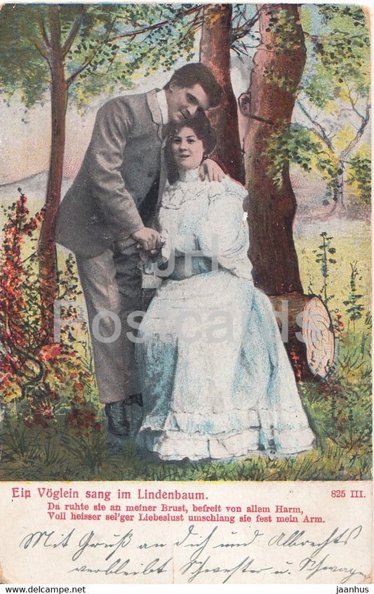 Ein Voglein sang im Lindenbaum - couple - man - 825 III - old postcard - 1907 - Germany - used - JH Postcards