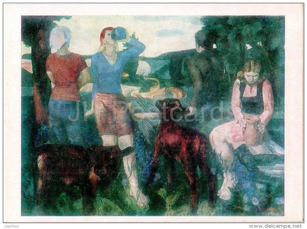 painting by R. Muzis - Student summer , 1977 - calf - women - latvian art - unused - JH Postcards