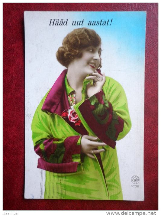 New Year Greeting Card - lady - NOYER 4706 - old postcard - circulated in 1928 , Tallinn - Estonia , France - used - JH Postcards