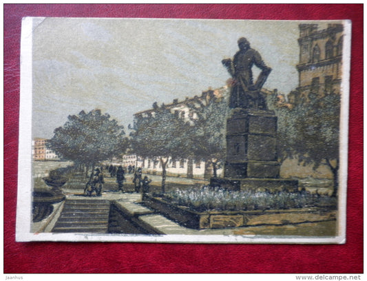 painting by A. Iglin , monument to pioneer Ivan Fyodorov in Moscow - russian art - circulated in Estonia - 1946 - used - JH Postcards