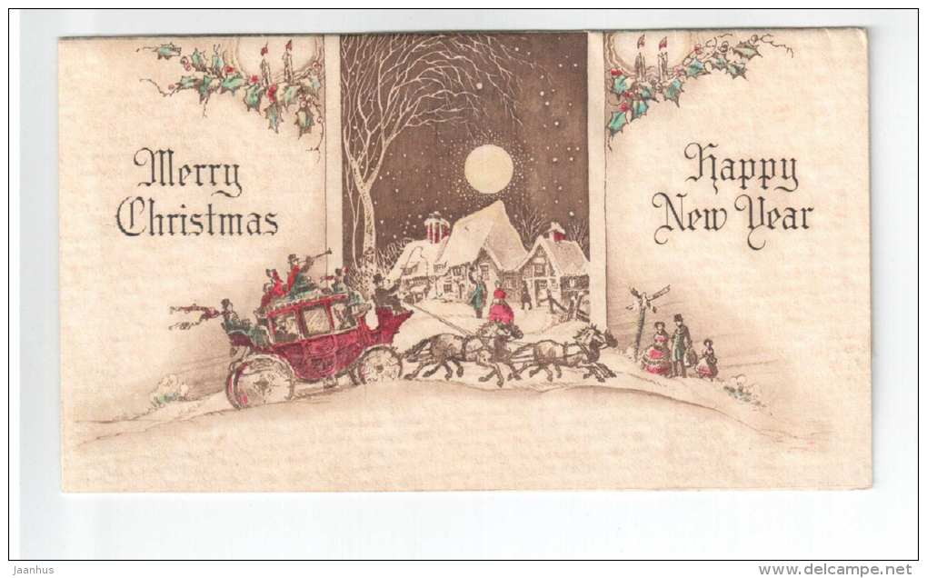 Christmas Greeting Card - Happy New Year - carriage - horses - old postcard - unused - JH Postcards