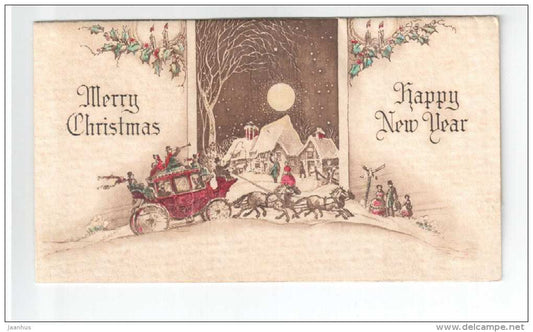 Christmas Greeting Card - Happy New Year - carriage - horses - old postcard - unused - JH Postcards