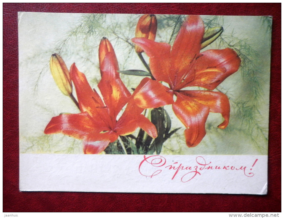 Greeting Card - red lily - flowers - Russia USSR - used - JH Postcards