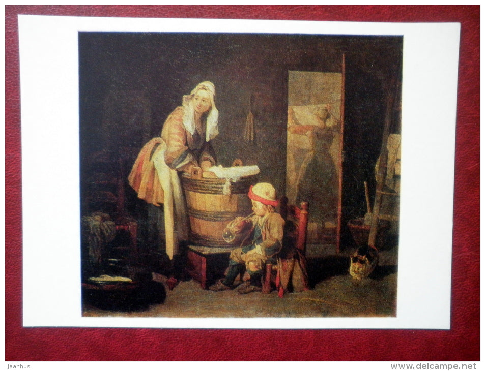 painting by Jean-Baptiste-Siméon Chardin - Washerwoman - boy - cat - french art - unused - JH Postcards