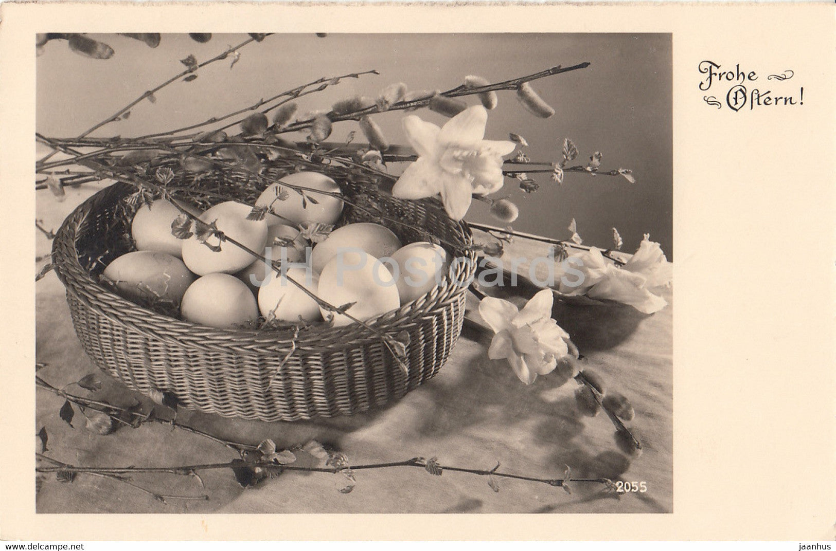 Easter Greeting Card - Frohe Ostern - eggs - flowers - narcissus - PH 2055 - old postcard - 1939 - Germany - used - JH Postcards