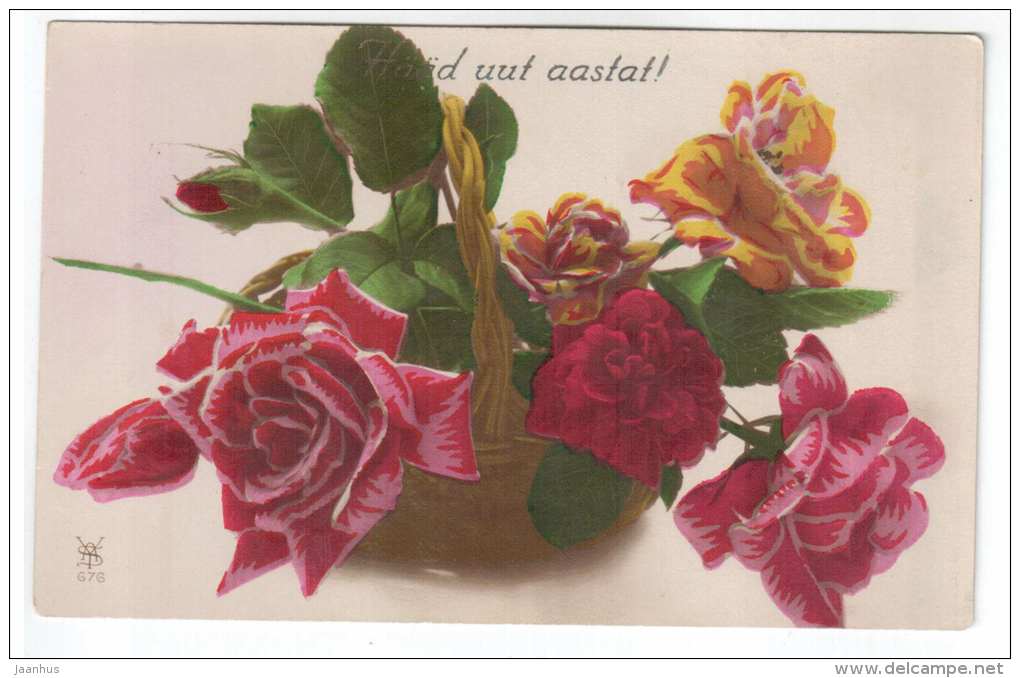 New Year Greeting Card - flowers - roses - YSA 676 - old postcard - circulated in Estonia 1926 - used - JH Postcards