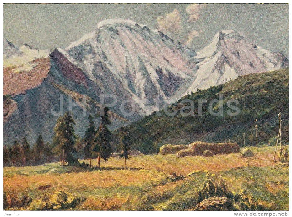 painting by N. Tryndyk - in the Caucasian Mountains , 1954 - Caucasus - Russian art - 1961 - Russia USSR - unused - JH Postcards