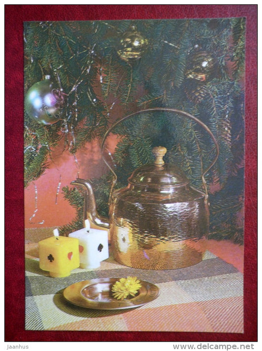 New Year Greeting card - candles - teapot - 1983 - Estonia USSR - used - JH Postcards