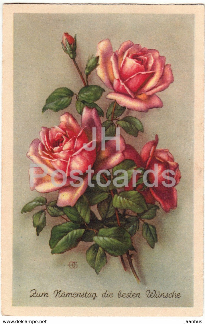 Greeting Card - Zum Namenstag die besten Wunsche - flowers - roses - HACO 7955 - old postcard - Germany - used - JH Postcards