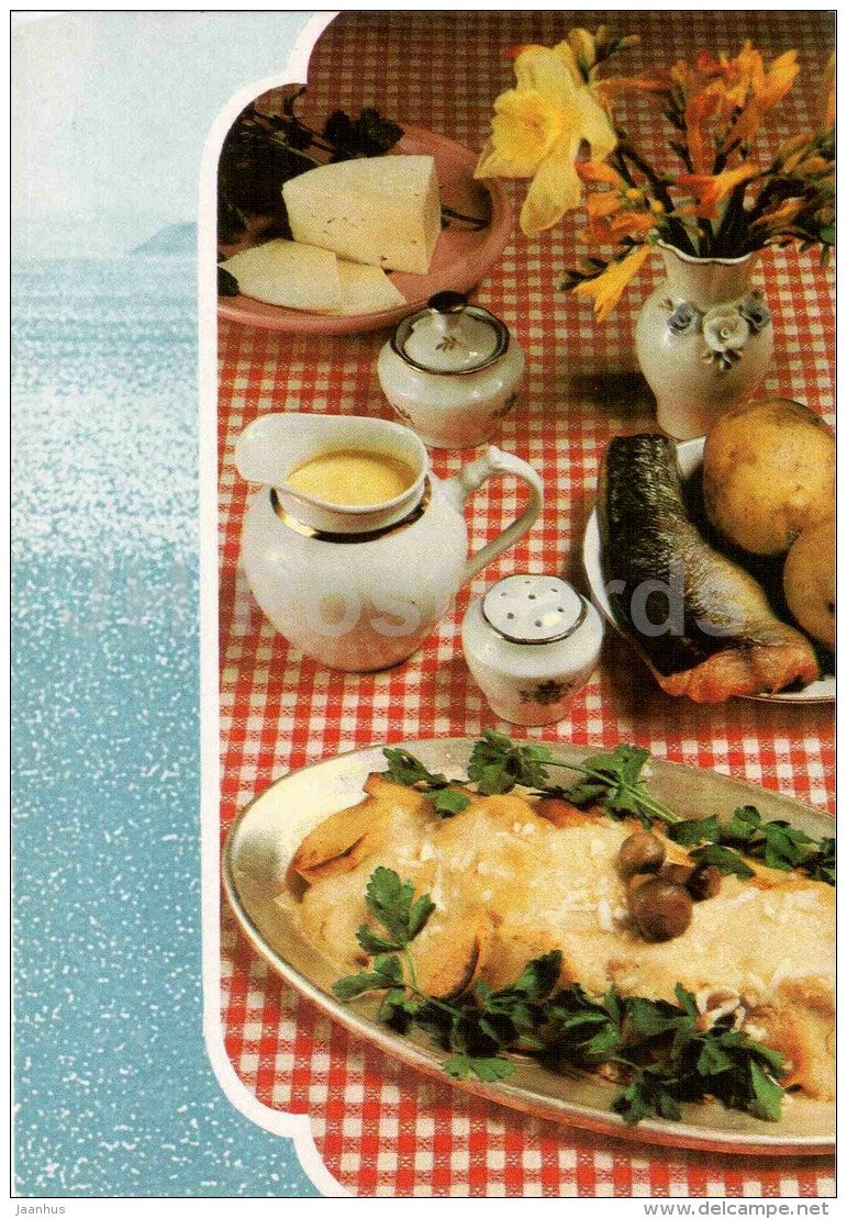 horse mackerel a la Russia - cheese - Fish Dishes - cuisine - 1990 - Russia USSR - unused - JH Postcards