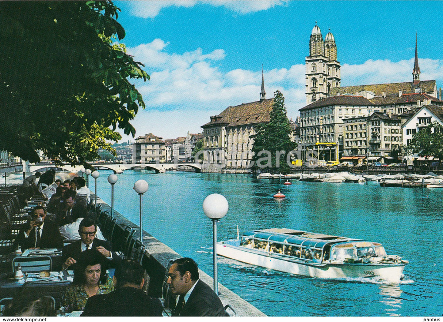 Zurich - Blick vom Bauschanzli auf Wasserkirche und Grossmunster - Limmatschiff Uto - boat - Switzerland - unused - JH Postcards