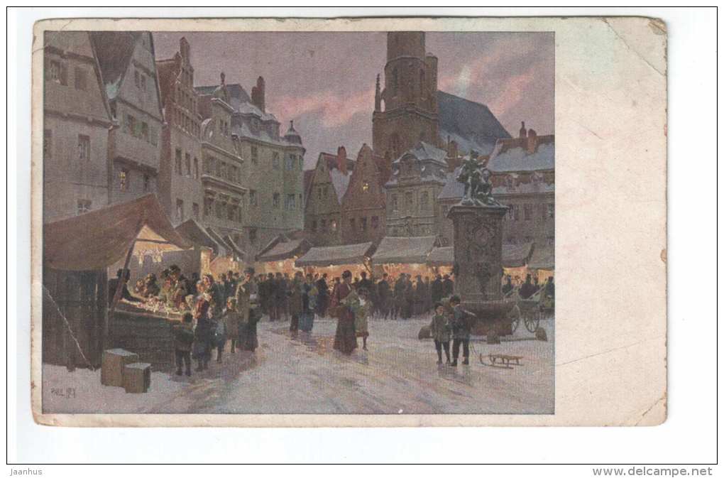 painting by Paul Sey - Christkindlmarkt - 127 - SVD - circulated in Estonia - Germany - used - JH Postcards