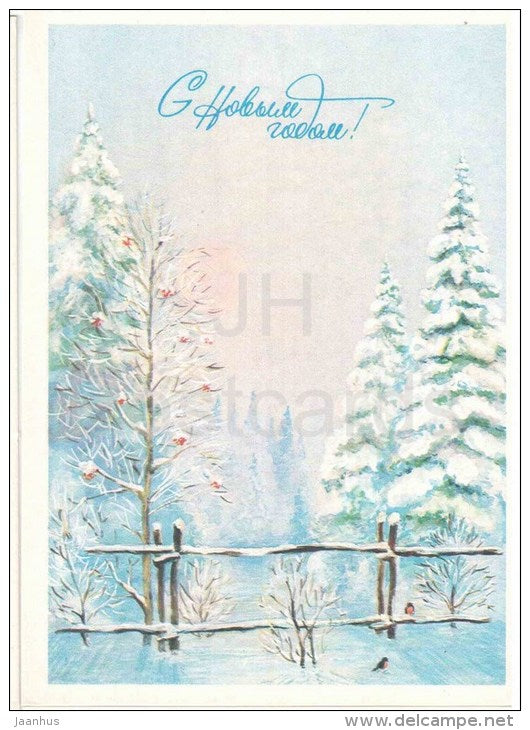 New Year greeting card by A. Yevstratov - winter forest - birds - bullfinch - 1983 - Russia USSR - unused - JH Postcards