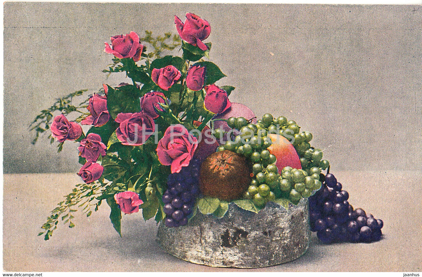 red roses - grape - composition - flowers - Serie 215 Nr 116 - old postcard - unused - JH Postcards