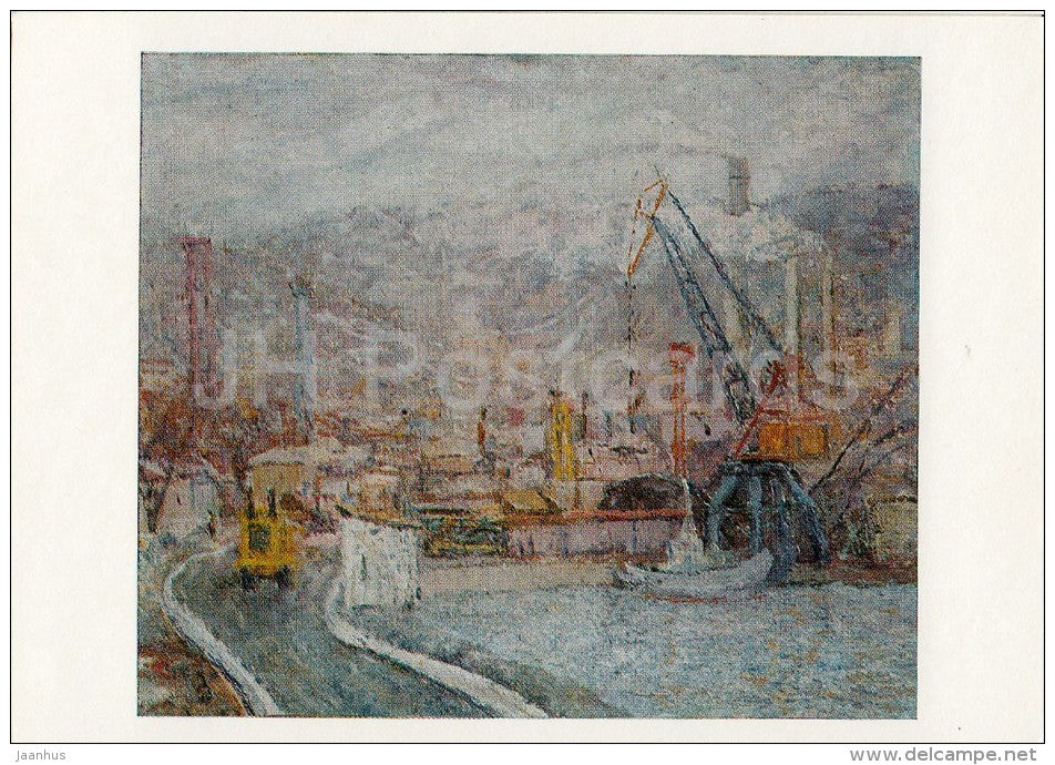 painting by A. Sotskov - Novorossiysk . Port , 1985 - Russian art - Russia USSR - 1987 - unused - JH Postcards