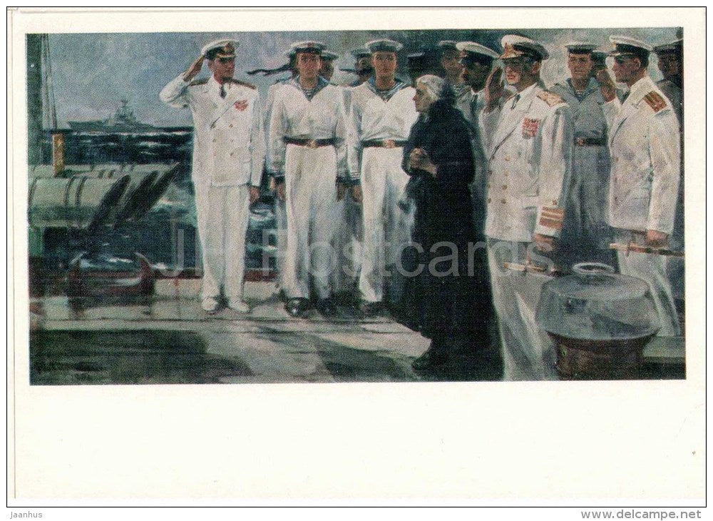 painting by V. Pechatin - Mother of the Hero - officers - warship - battleship - Navy - russian art - unused - JH Postcards