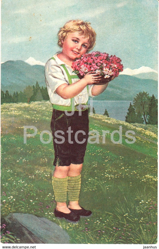 boy - flowers - illustration - Novolito - old postcard - 1928 - used - JH Postcards