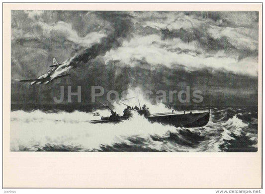 end of the battle - motor boat - airplane - illustration by Baranov - Sevastopol - 1982 - Ukraine USSR - unused - JH Postcards