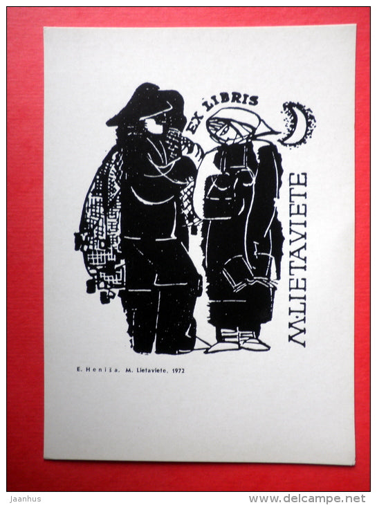 Ex Libris - M. Lietaviete - illustration by E. Henisa - man and woman - 1975 - Latvia USSR - unused - JH Postcards