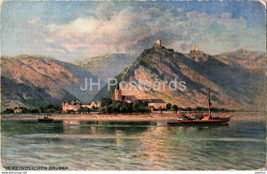 Die Feindlichen Bruder - boat - illustration - 123 - old postcard - Germany - unused - JH Postcards