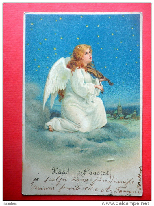 new year greeting card - angel playing violin - circulated in Imperial Russia Estonia Reval 1902 - JH Postcards