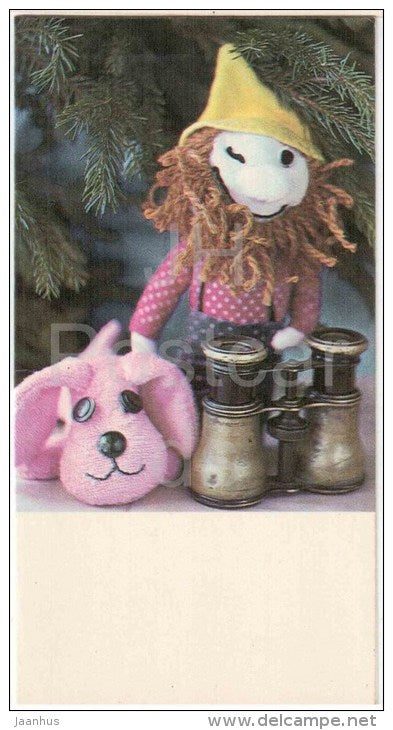 New Year Greeting card - 1 - dwarf - dog - binoculars - 1983 - Estonia USSR - used - JH Postcards