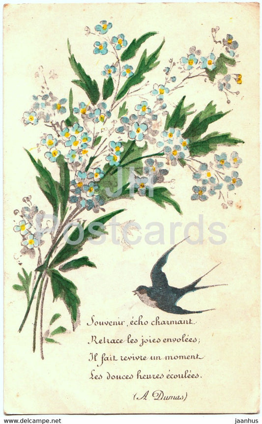 blue flowers - swallow - Souvenir echo charmant - A. Dumas - illustration - old postcard - France - used - JH Postcards