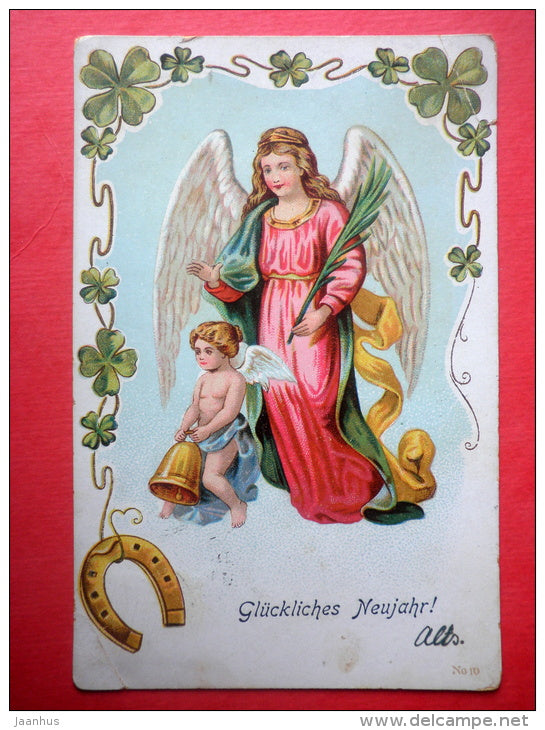 new year greeting card - angel - bell - horseshoe - No 10 - circulated in Estonia Tallinn 1923 - JH Postcards