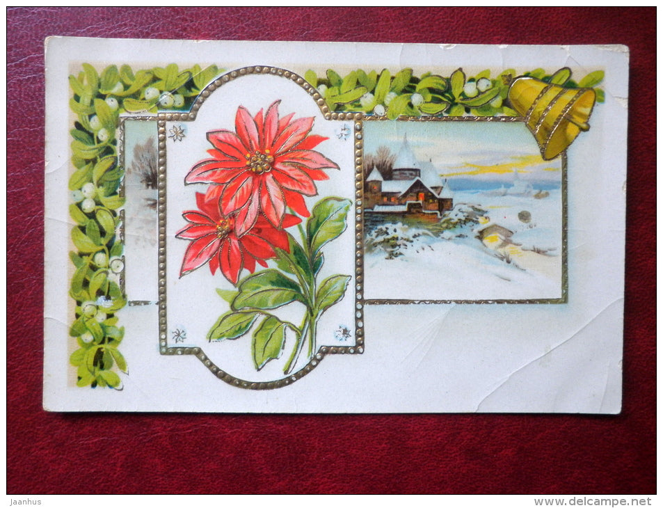 New Year Greeting Card - bell - flowers - SB 3147 - old postcard - circulated in Estonia - Germany - used - JH Postcards