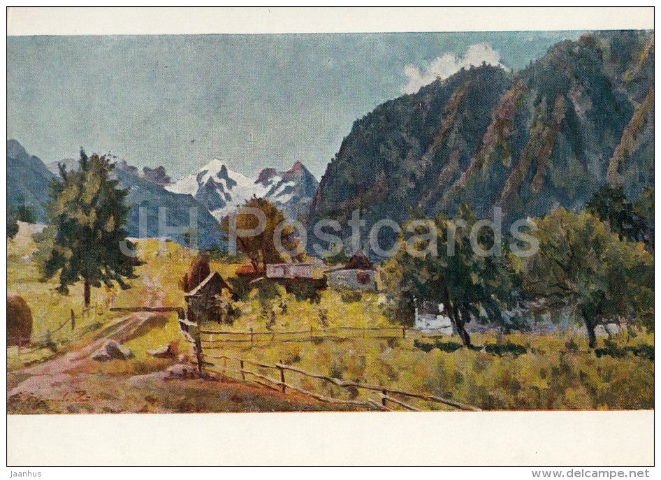 painting by P. Pokarzhevsky - Teberda , 1955 - Caucasus - Russian art - 1961 - Russia USSR - unused - JH Postcards