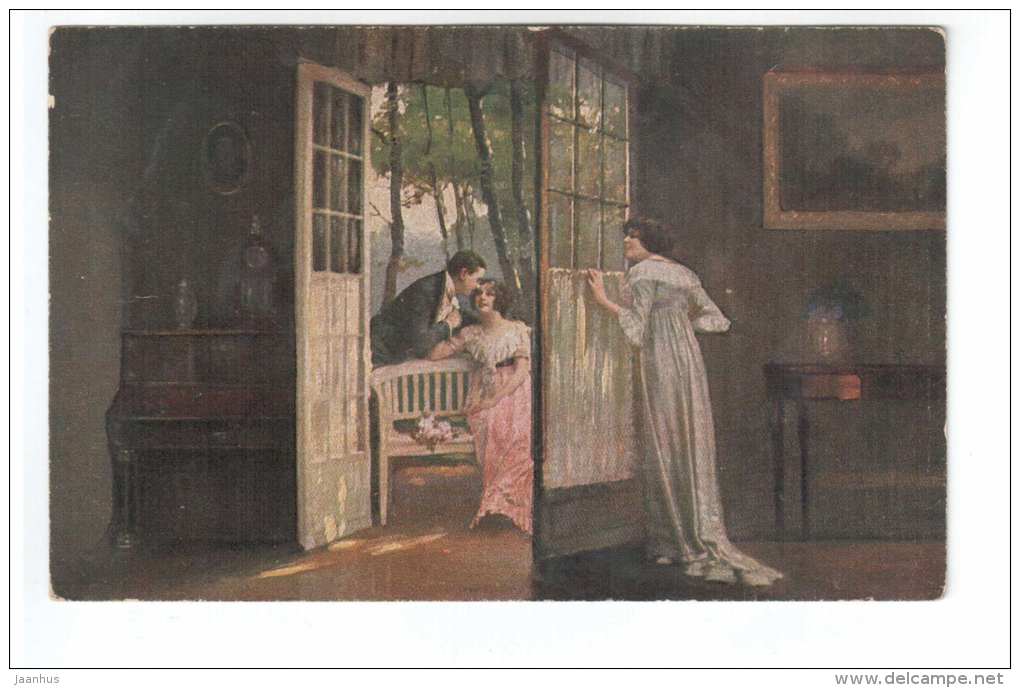 painting by E. Schneider - Belauscht - Overheard - 43 - Amag Kunst - old postcard - circulated in Estonia - used - JH Postcards